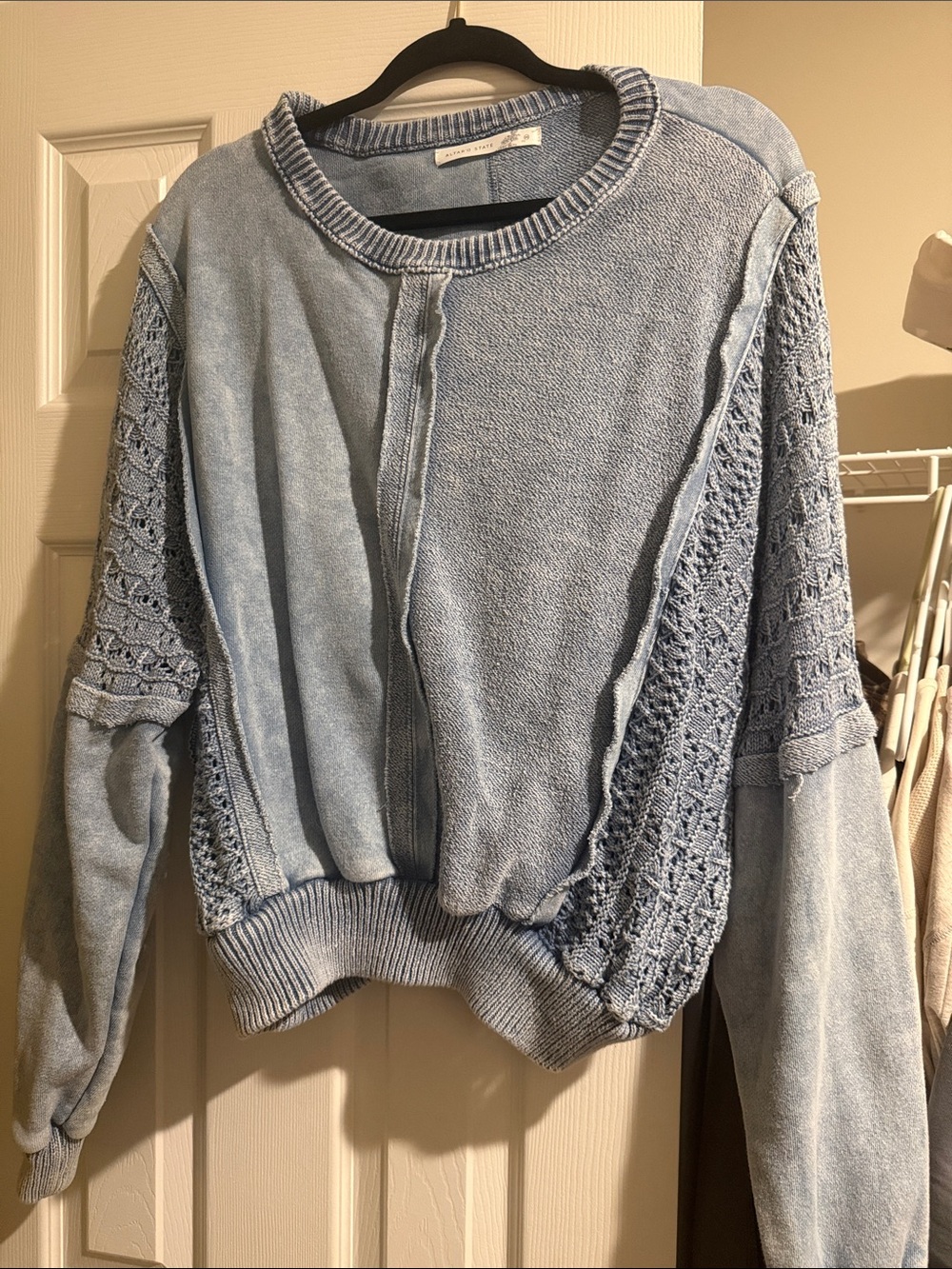 Altar'd State Light Blue Crochet Panel Crewneck Sweater